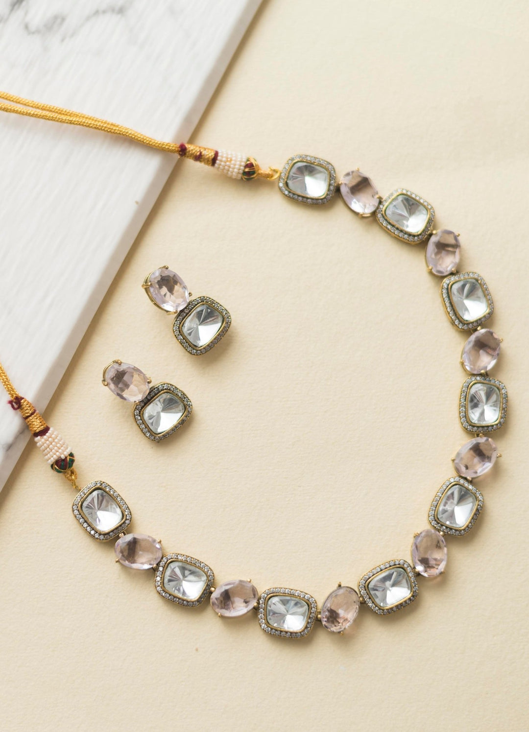 White Polki Necklace With Rose Quartz Stones Zevar By Geeta - Fabilicious Fashion