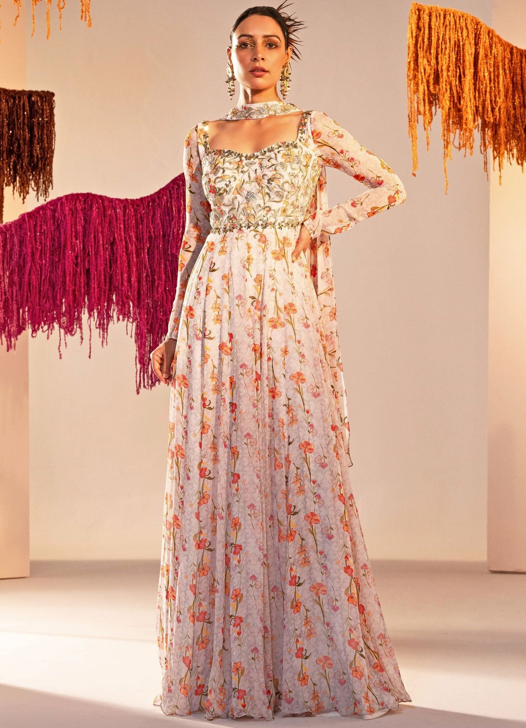 White Printed Full Sleeves Corset Anarkali With Choker Dupatta Silky Bindra - Fabilicious Fashion