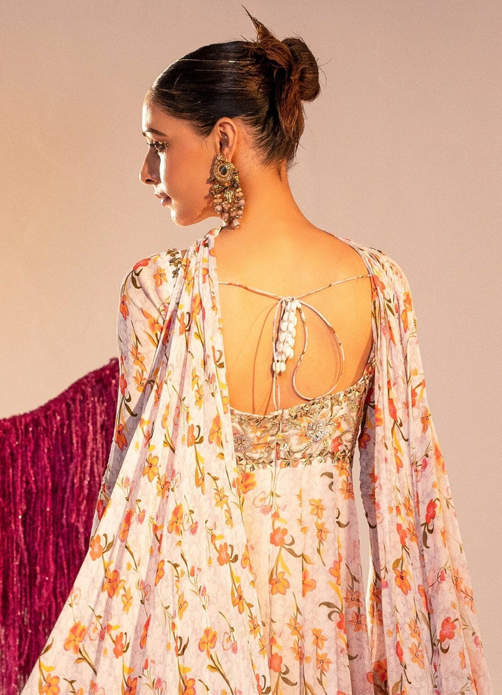 White Printed Full Sleeves Corset Anarkali With Choker Dupatta Silky Bindra - Fabilicious Fashion