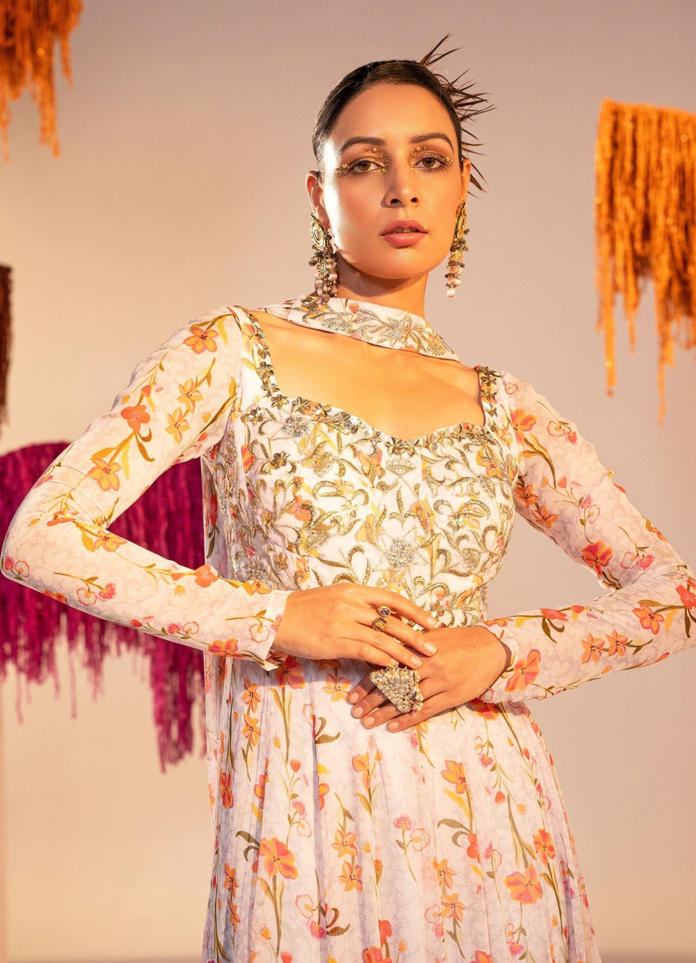 White Printed Full Sleeves Corset Anarkali With Choker Dupatta Silky Bindra - Fabilicious Fashion