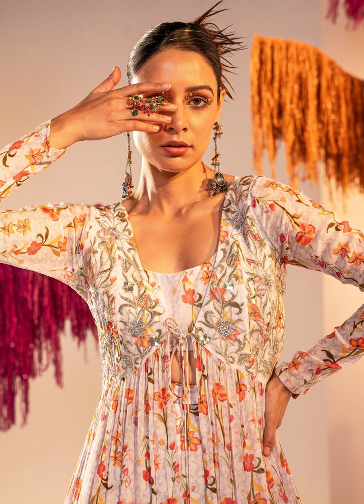 White Printed Jacket Embroidered With Strap Blouse And Bell Bottom Palazzo Silky Bindra - Fabilicious Fashion
