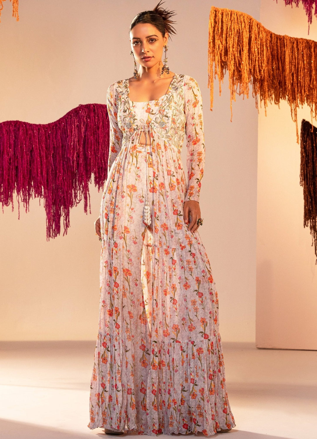 White Printed Jacket Embroidered With Strap Blouse And Bell Bottom Palazzo Silky Bindra - Fabilicious Fashion