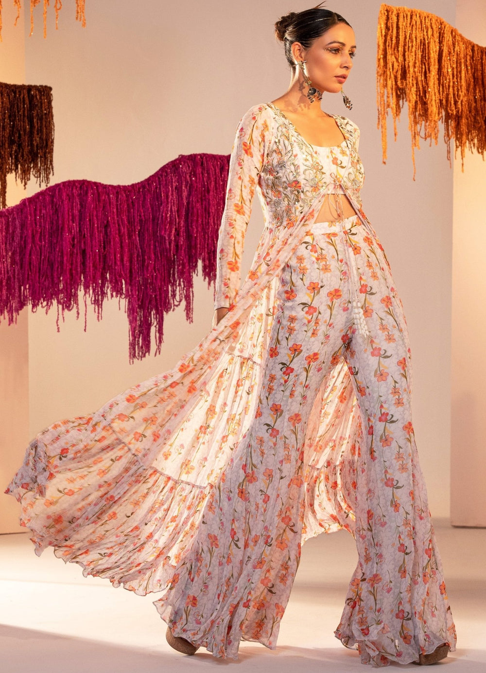 White Printed Jacket Embroidered With Strap Blouse And Bell Bottom Palazzo Silky Bindra - Fabilicious Fashion