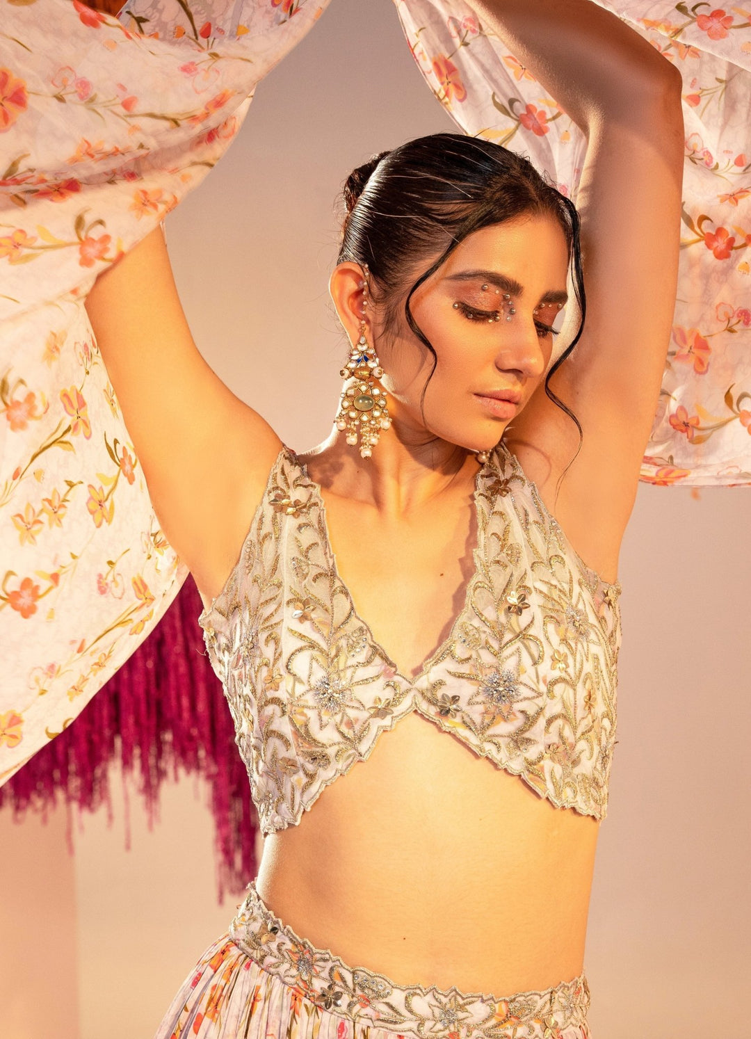 White Printed Slit Lehenga with Embroidered Blouse Silky Bindra - Fabilicious Fashion