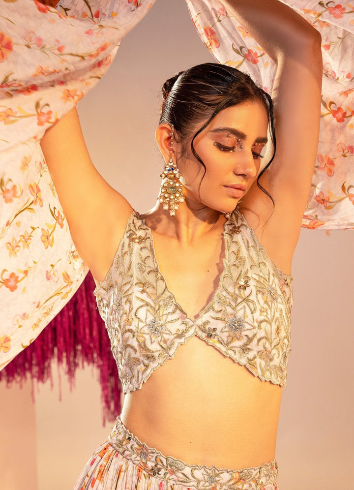 White Printed Slit Lehenga with Embroidered Blouse Silky Bindra - Fabilicious Fashion