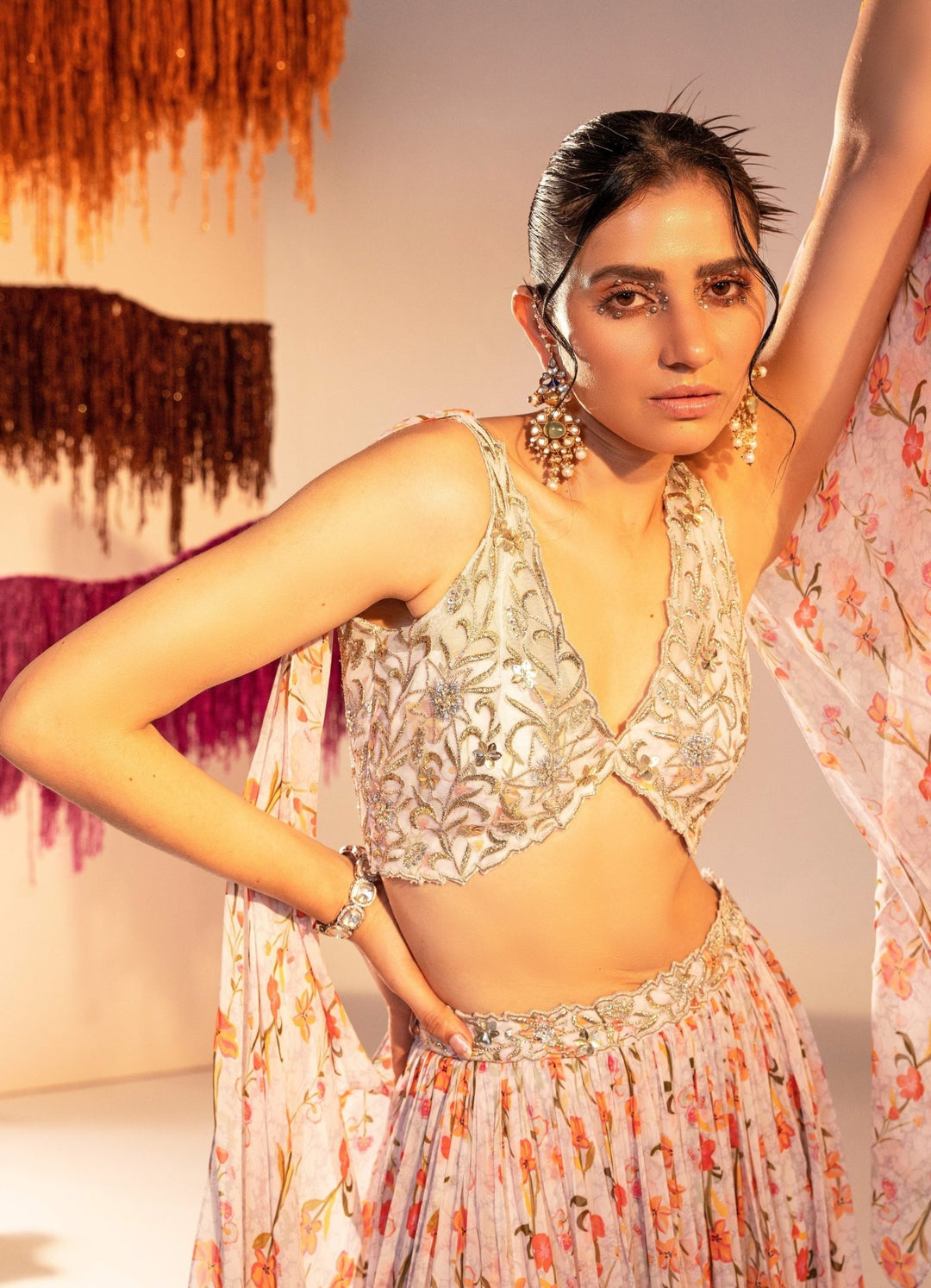 White Printed Slit Lehenga with Embroidered Blouse Silky Bindra - Fabilicious Fashion