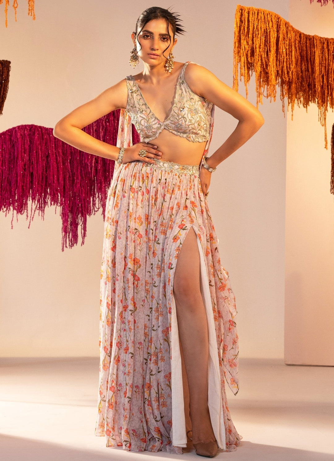 White Printed Slit Lehenga with Embroidered Blouse Silky Bindra - Fabilicious Fashion
