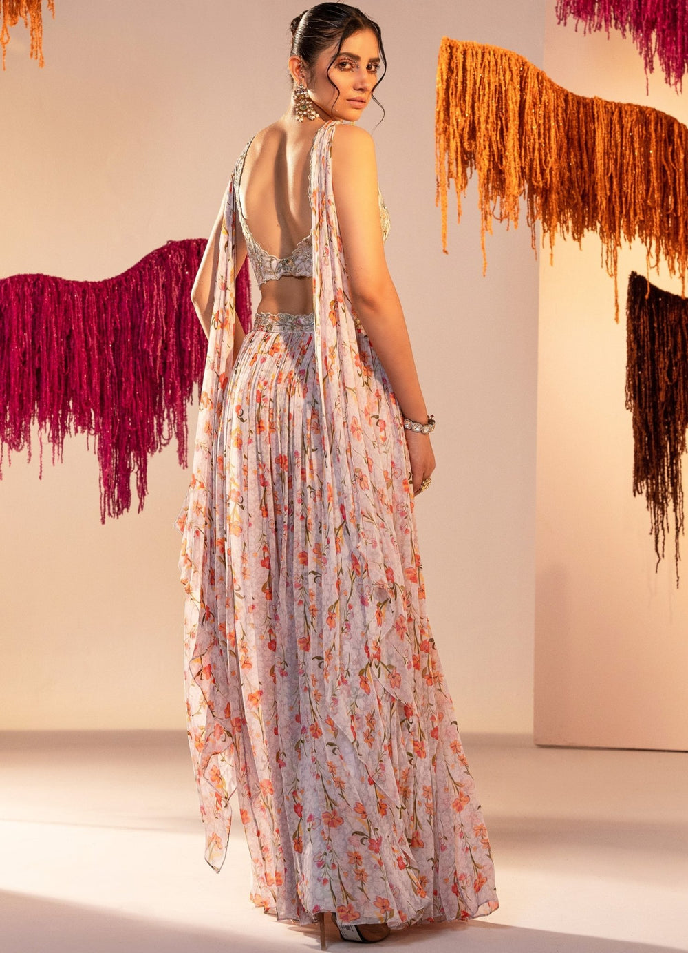 White Printed Slit Lehenga with Embroidered Blouse Silky Bindra - Fabilicious Fashion