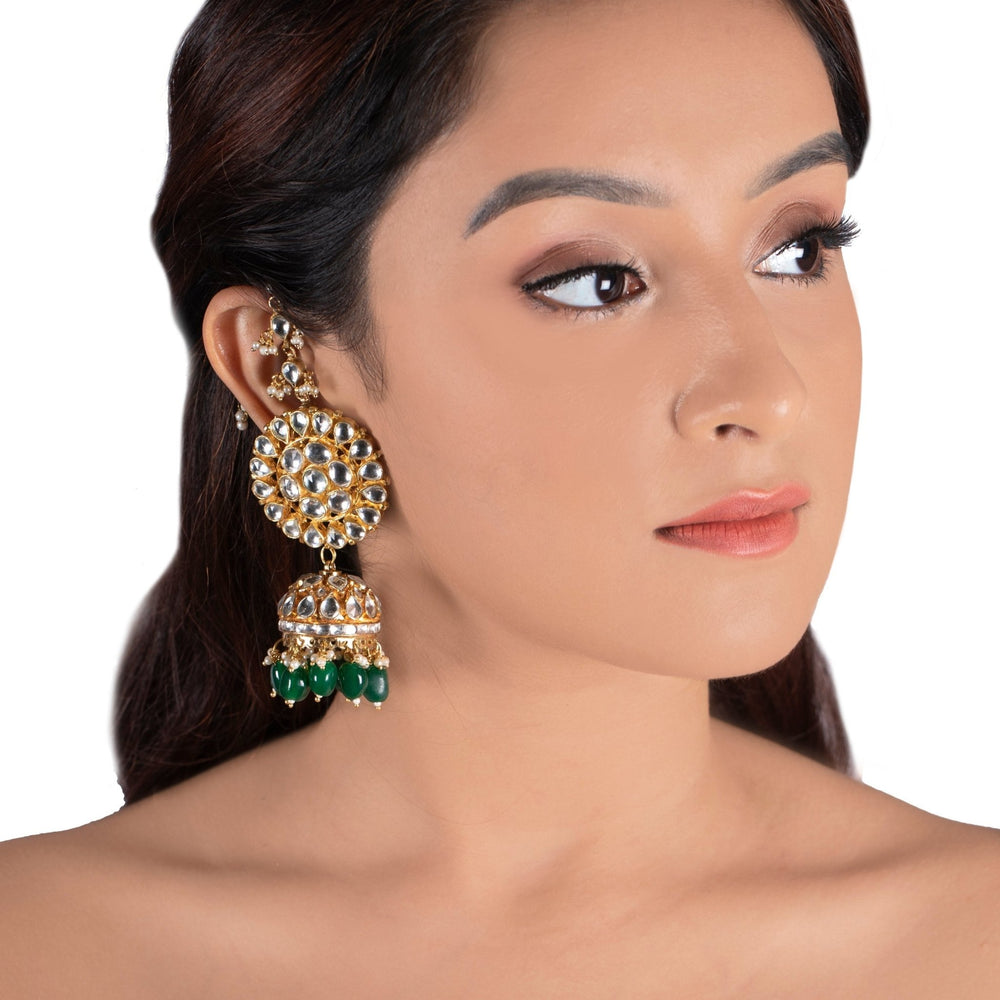 White Round Big Tops With Jhumki With Green Beads and Ear Chain Riana by Shikha Jindal - Fabilicious Fashion