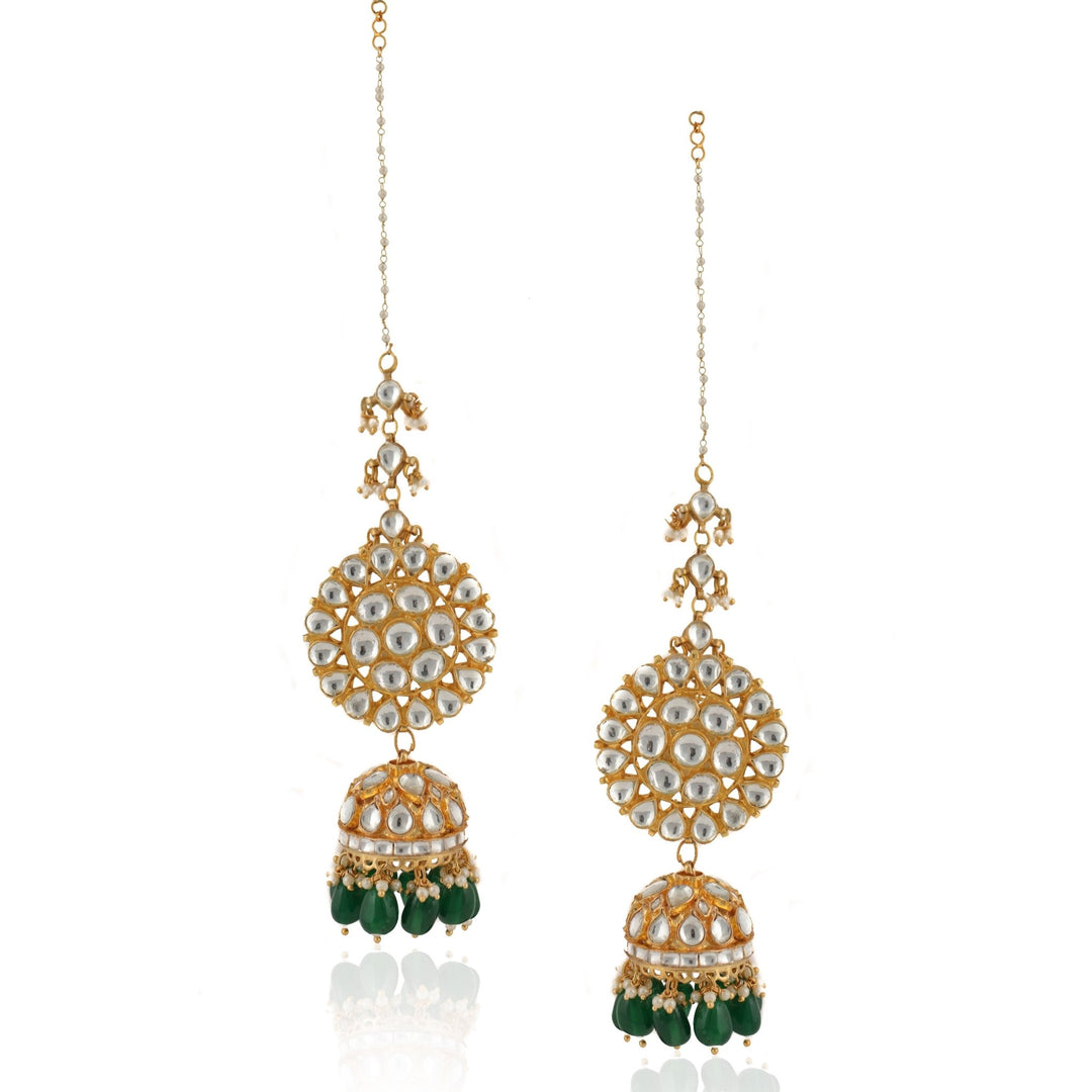 White Round Big Tops With Jhumki With Green Beads and Ear Chain Riana by Shikha Jindal - Fabilicious Fashion