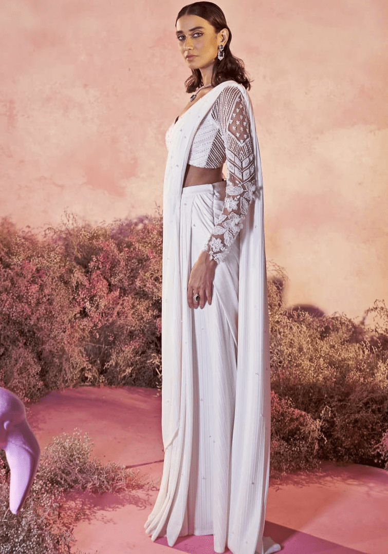 White Sheer Embroidered Sleeve Pre Draped Saree Parul Gandhi - Fabilicious Fashion