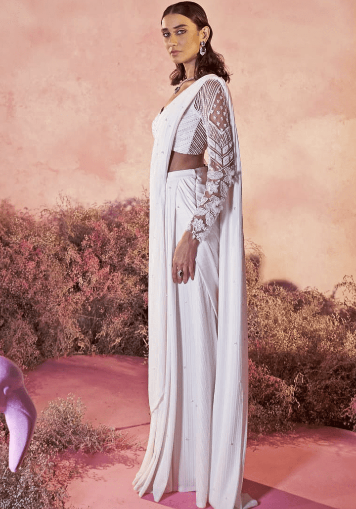White Sheer Embroidered Sleeve Pre Draped Saree Parul Gandhi - Fabilicious Fashion