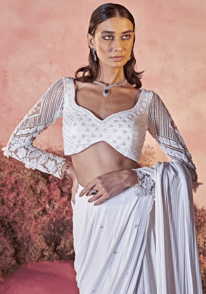 White Sheer Embroidered Sleeve Pre Draped Saree Parul Gandhi - Fabilicious Fashion