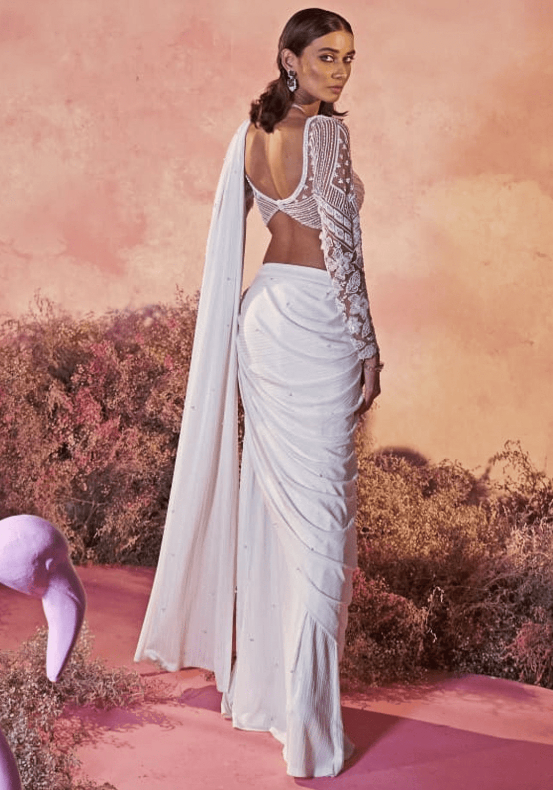 White Sheer Embroidered Sleeve Pre Draped Saree Parul Gandhi - Fabilicious Fashion