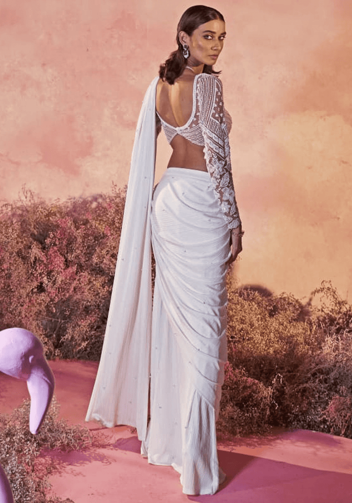 White Sheer Embroidered Sleeve Pre Draped Saree Parul Gandhi - Fabilicious Fashion