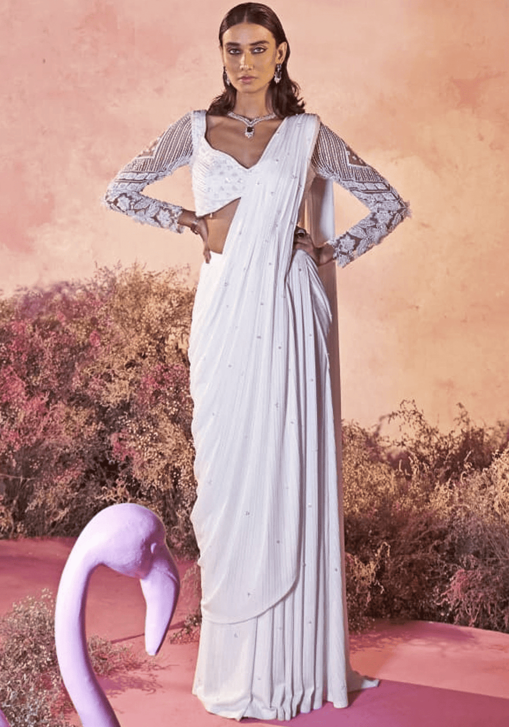 White Sheer Embroidered Sleeve Pre Draped Saree Parul Gandhi - Fabilicious Fashion