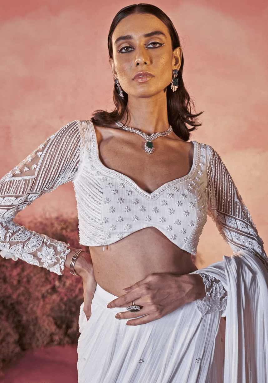 White Sheer Embroidered Sleeve Pre Draped Saree Parul Gandhi - Fabilicious Fashion
