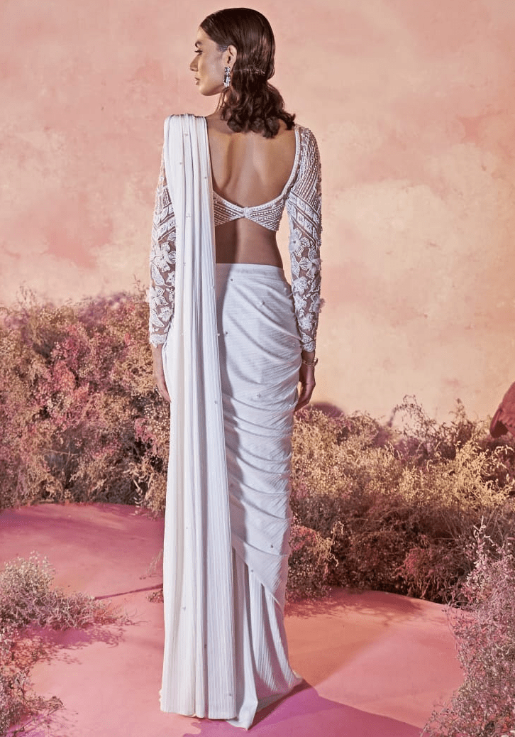 White Sheer Embroidered Sleeve Pre Draped Saree Parul Gandhi - Fabilicious Fashion