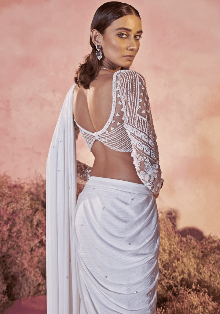 White Sheer Embroidered Sleeve Pre Draped Saree Parul Gandhi - Fabilicious Fashion
