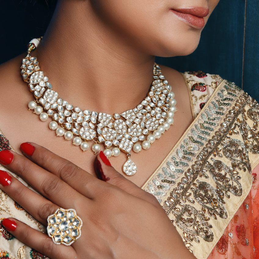 White Small Jadtar Stone Necklace Set Riana by Shikha Jindal - Fabilicious Fashion