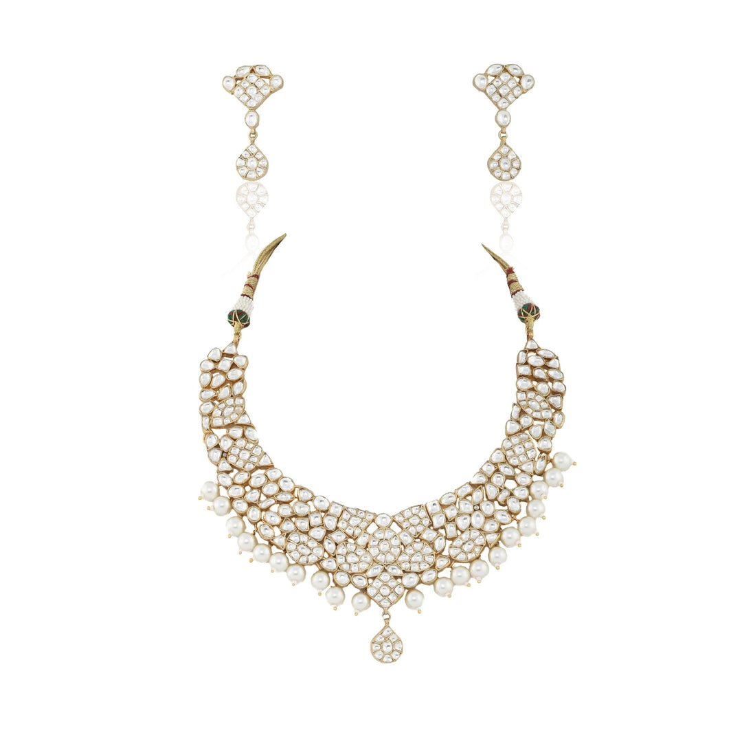 White Small Jadtar Stone Necklace Set Riana by Shikha Jindal - Fabilicious Fashion