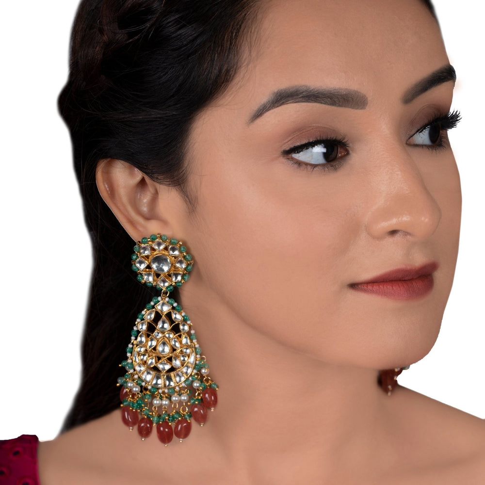 White Stone Earrings Light Green Hangings With Pink Beads Riana by Shikha Jindal - Fabilicious Fashion