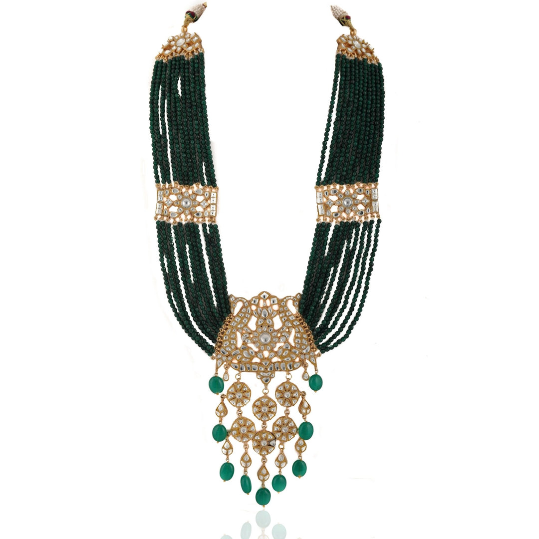White Stone Heavy Pendant Maala Set With Small Green Beads Line Riana by Shikha Jindal - Fabilicious Fashion