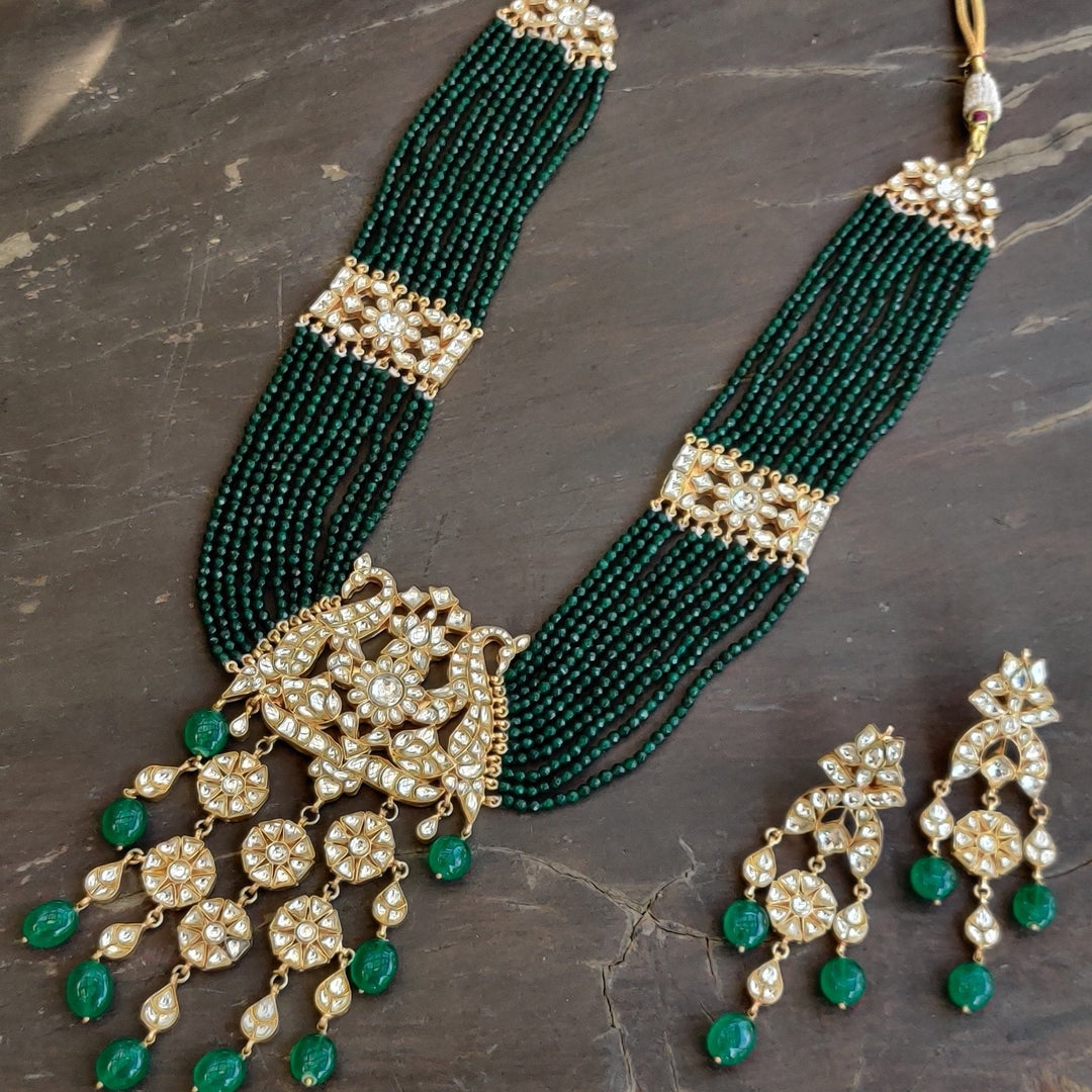 White Stone Heavy Pendant Maala Set With Small Green Beads Line Riana by Shikha Jindal - Fabilicious Fashion