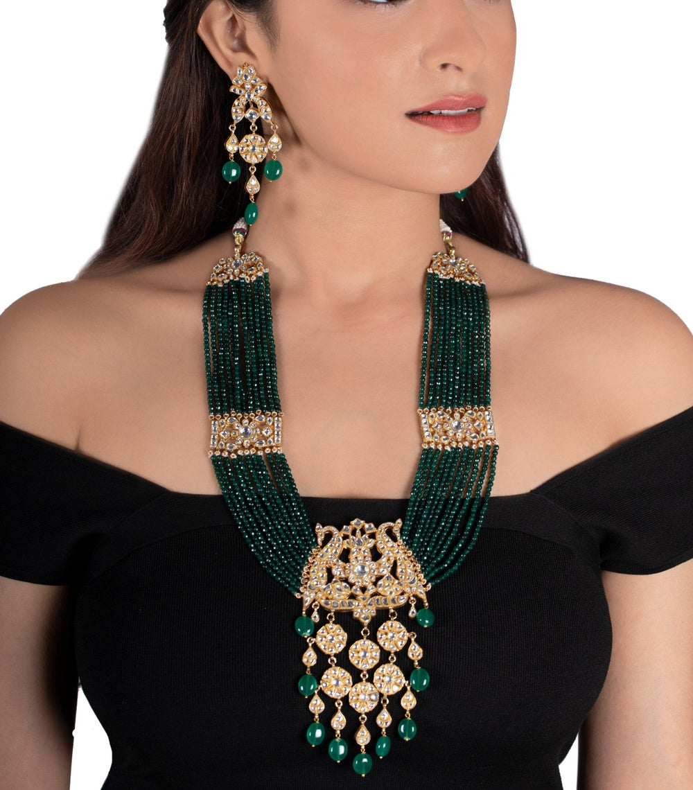 White Stone Heavy Pendant Maala Set With Small Green Beads Line Riana by Shikha Jindal - Fabilicious Fashion