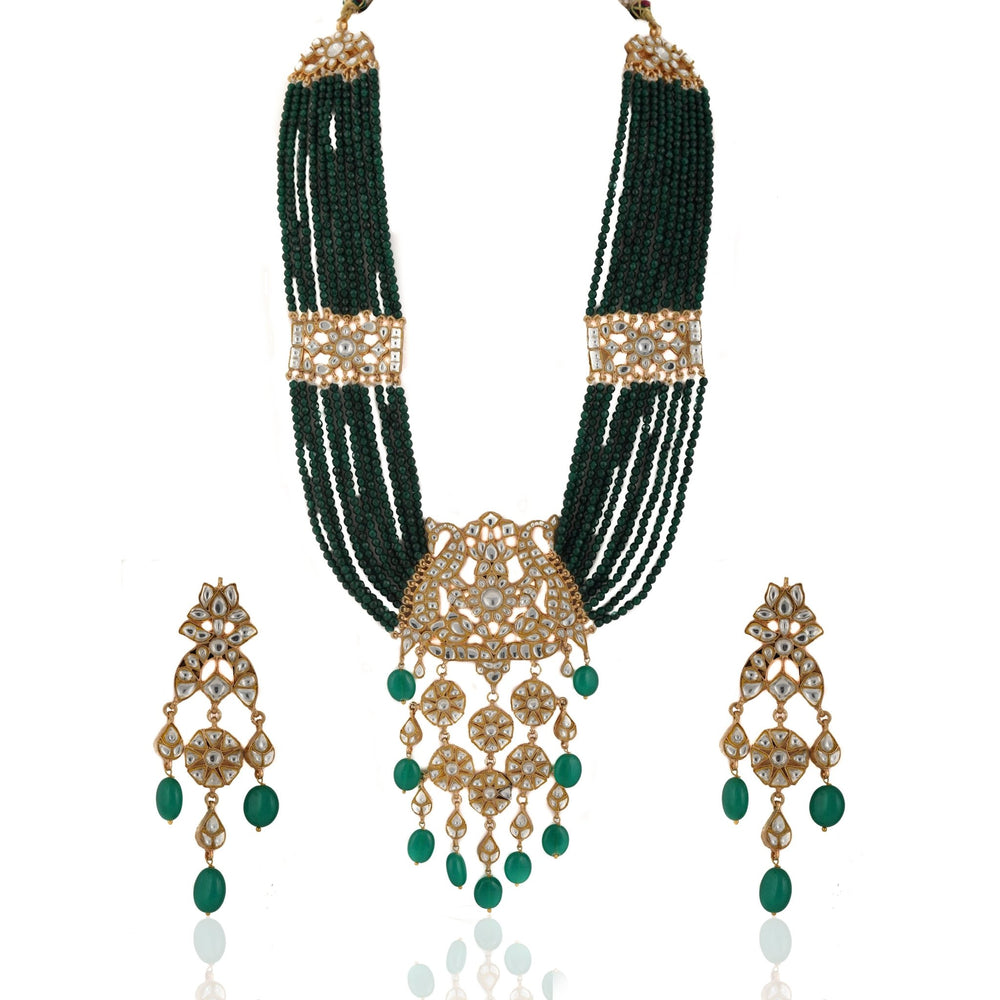 White Stone Heavy Pendant Maala Set With Small Green Beads Line Riana by Shikha Jindal - Fabilicious Fashion