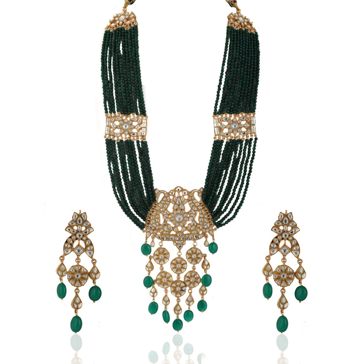 White Stone Heavy Pendant Maala Set With Small Green Beads Line Riana by Shikha Jindal - Fabilicious Fashion
