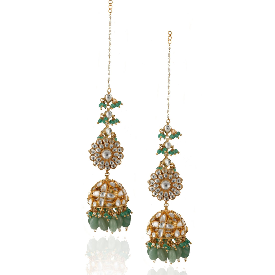 White Stone Jhumki And Sea Green Beads With White Hanging Ear Chain Riana by Shikha Jindal - Fabilicious Fashion