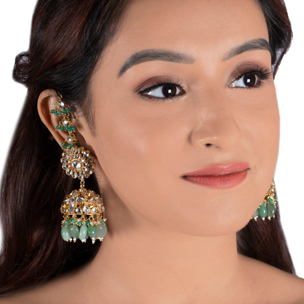 White Stone Jhumki And Sea Green Beads With White Hanging Ear Chain Riana by Shikha Jindal - Fabilicious Fashion