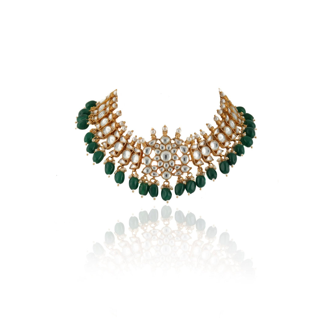 White Stone Necklace Set With Green Beads Riana by Shikha Jindal - Fabilicious Fashion