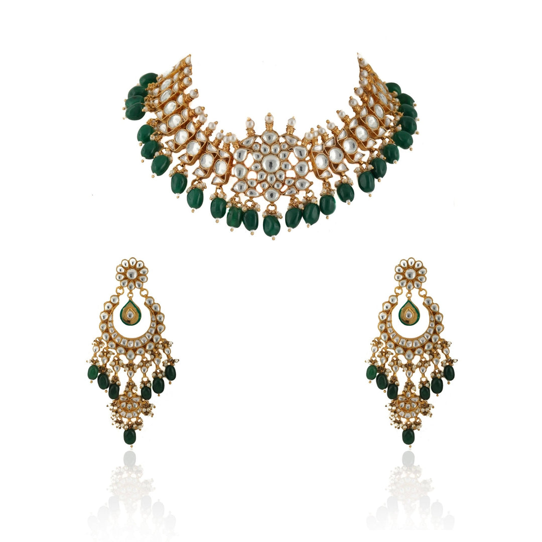 White Stone Necklace Set With Green Beads Riana by Shikha Jindal - Fabilicious Fashion