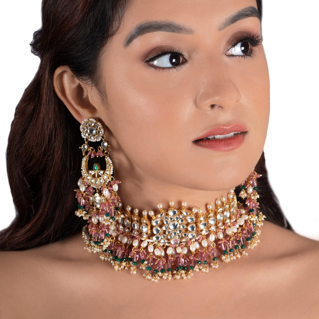 White Stone Necklace Set With Light Pink Beads And White Pearl Riana by Shikha Jindal - Fabilicious Fashion