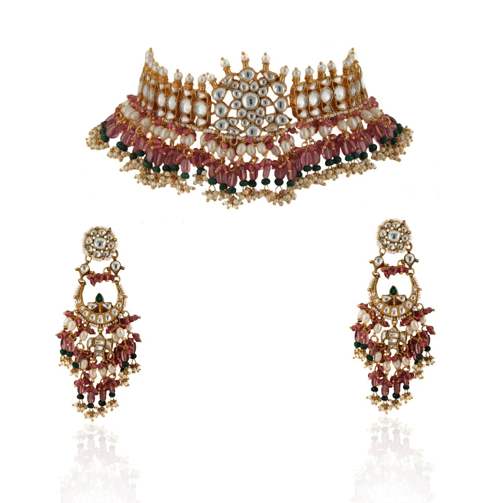 White Stone Necklace Set With Light Pink Beads And White Pearl Riana by Shikha Jindal - Fabilicious Fashion