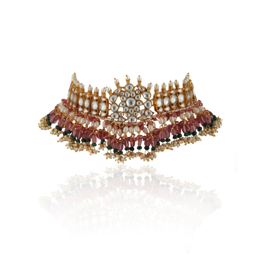 White Stone Necklace Set With Light Pink Beads And White Pearl Riana by Shikha Jindal - Fabilicious Fashion
