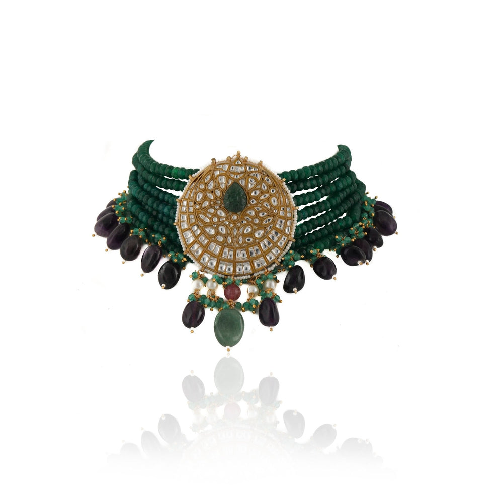 White Stone Pendant With Small Green Beads Necklace Set with 7 Lines Riana by Shikha Jindal - Fabilicious Fashion