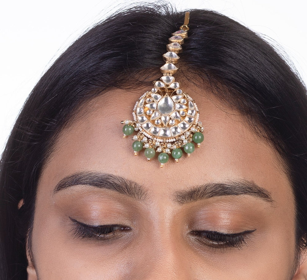White Stone Tikka With Beaded Sea Green Beads Riana by Shikha Jindal - Fabilicious Fashion