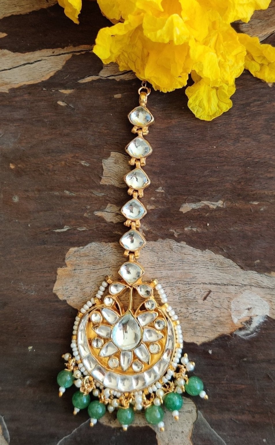 White Stone Tikka With Beaded Sea Green Beads Riana by Shikha Jindal - Fabilicious Fashion