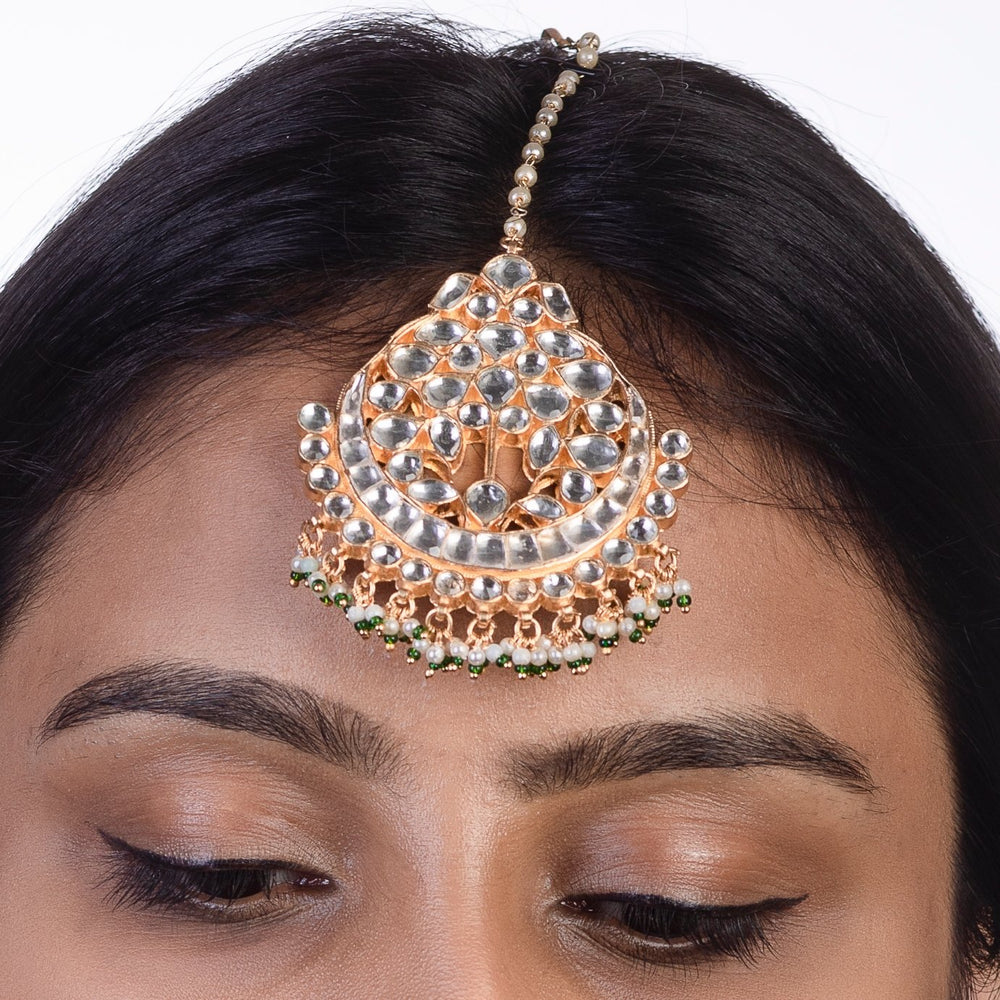 White Stone Tikka With White And Green Hangings Riana by Shikha Jindal - Fabilicious Fashion