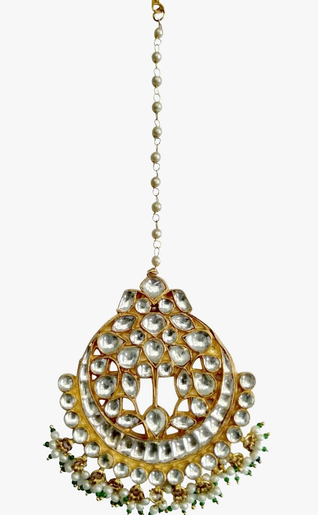 White Stone Tikka With White And Green Hangings Riana by Shikha Jindal - Fabilicious Fashion