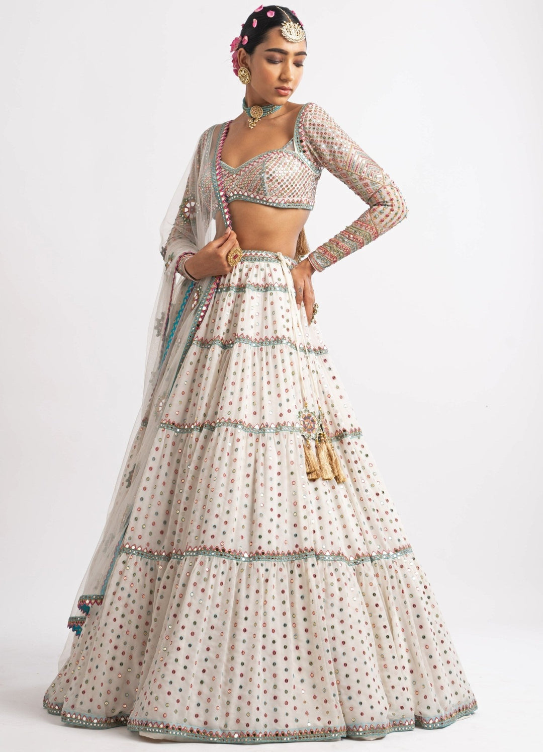 White Tiered Sweetheart Neck Multicolour Lehenga Set Vvani by Vani Vats - Fabilicious Fashion