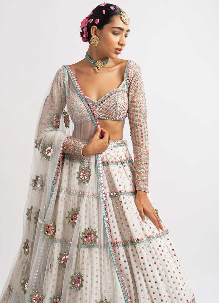 White Tiered Sweetheart Neck Multicolour Lehenga Set Vvani by Vani Vats - Fabilicious Fashion