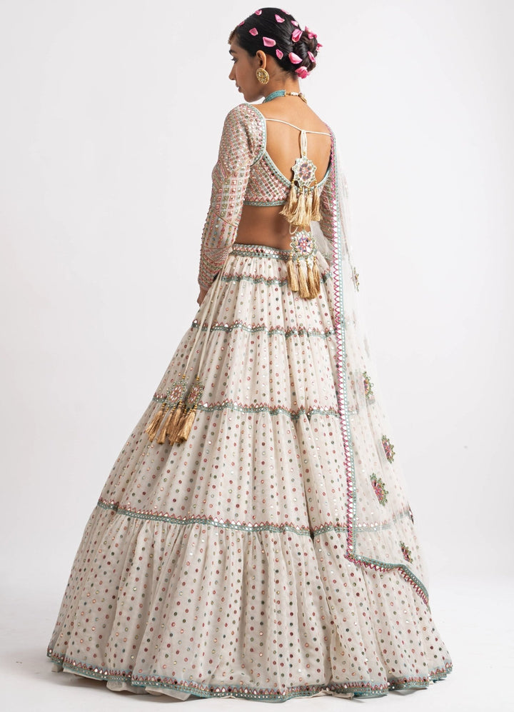 White Tiered Sweetheart Neck Multicolour Lehenga Set Vvani by Vani Vats - Fabilicious Fashion