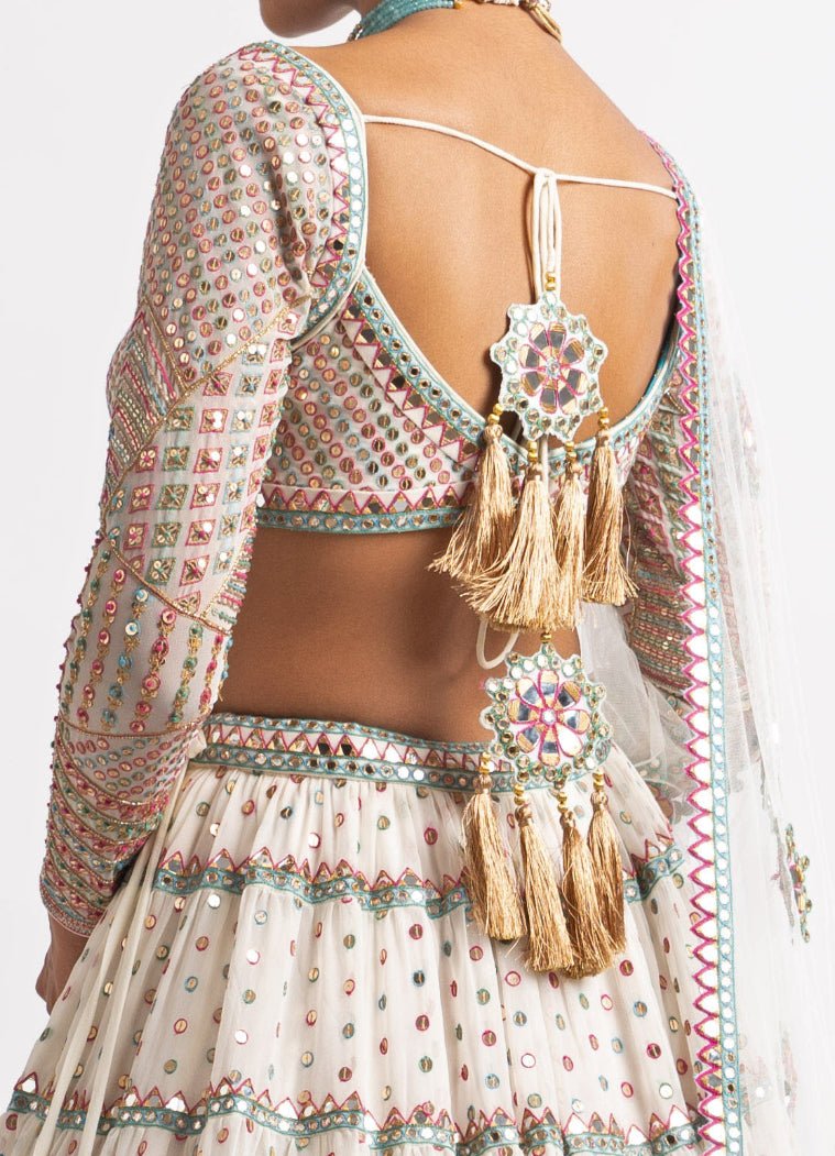 White Tiered Sweetheart Neck Multicolour Lehenga Set Vvani by Vani Vats - Fabilicious Fashion