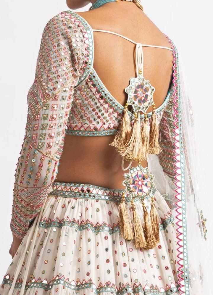 White Tiered Sweetheart Neck Multicolour Lehenga Set Vvani by Vani Vats - Fabilicious Fashion