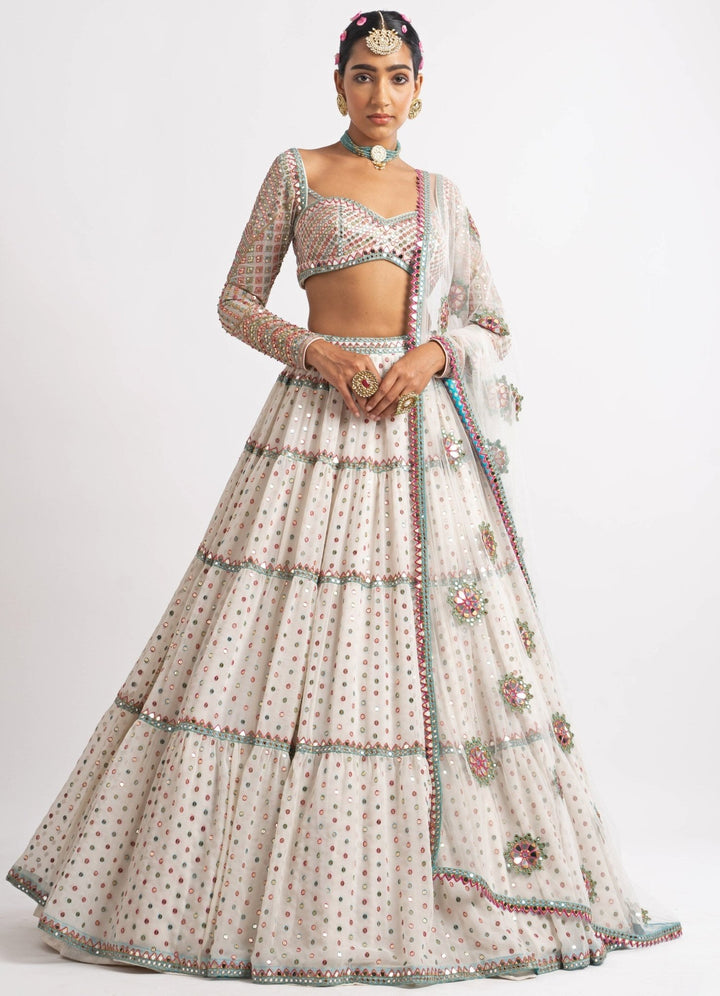 White Tiered Sweetheart Neck Multicolour Lehenga Set Vvani by Vani Vats - Fabilicious Fashion