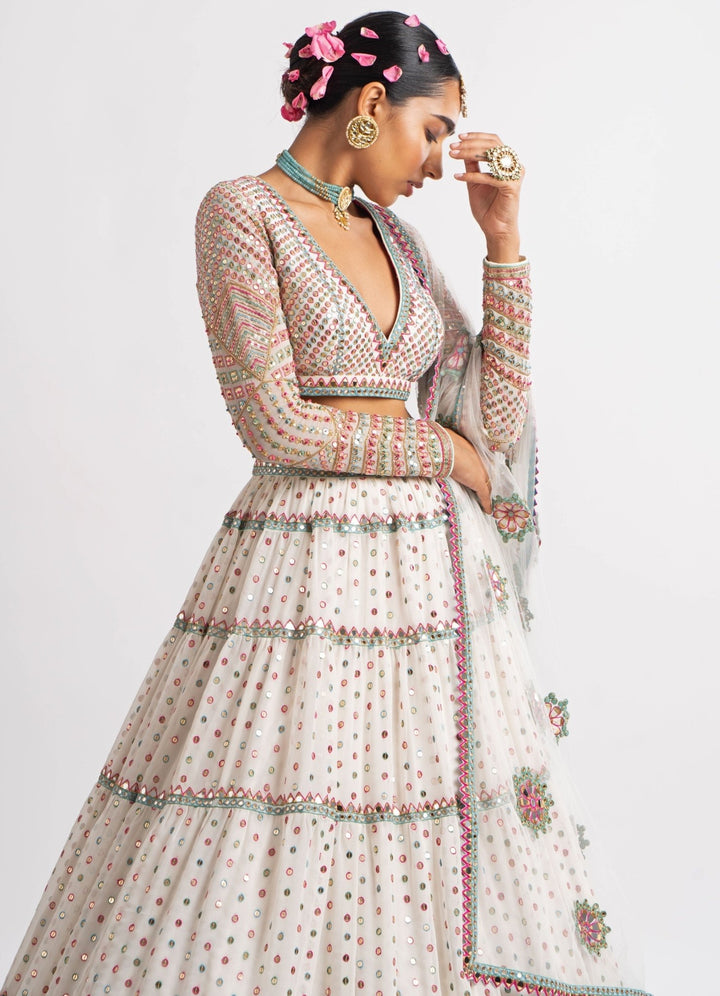 White Tiered V Neck Multicolour Lehenga Set Vvani by Vani Vats - Fabilicious Fashion